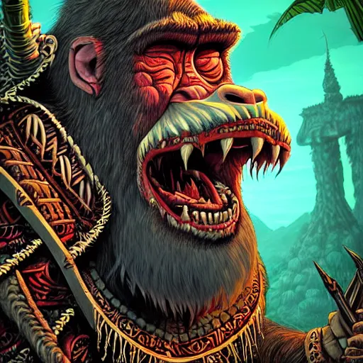 Image similar to close - up view of barong family member, wiwek, bleeding fangs, viking beard, mara demon, one single tribe member, jungle, gorilla, tribals, art by dan mumford and justin gerard