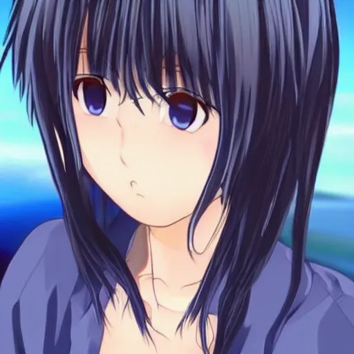 Prompt: Ami is a 14 year old anime girl who has short, very dark blue hair in a bobcut, and dark blue eyes. She stands at about 157 cm or 5 feet 2 inches.