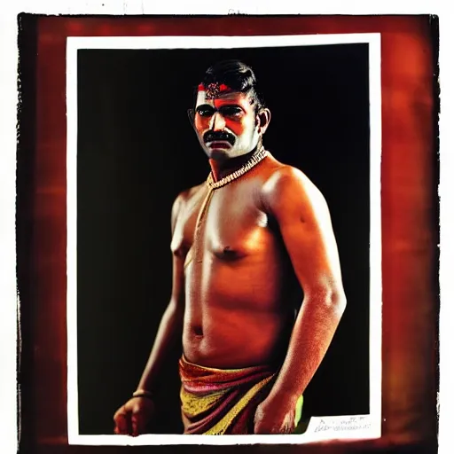 Prompt: color photo, portrait of indian kushti wrestler by richard avedon, realistic, Leica, medium format, cinematic lighting, parallax, high resolution,