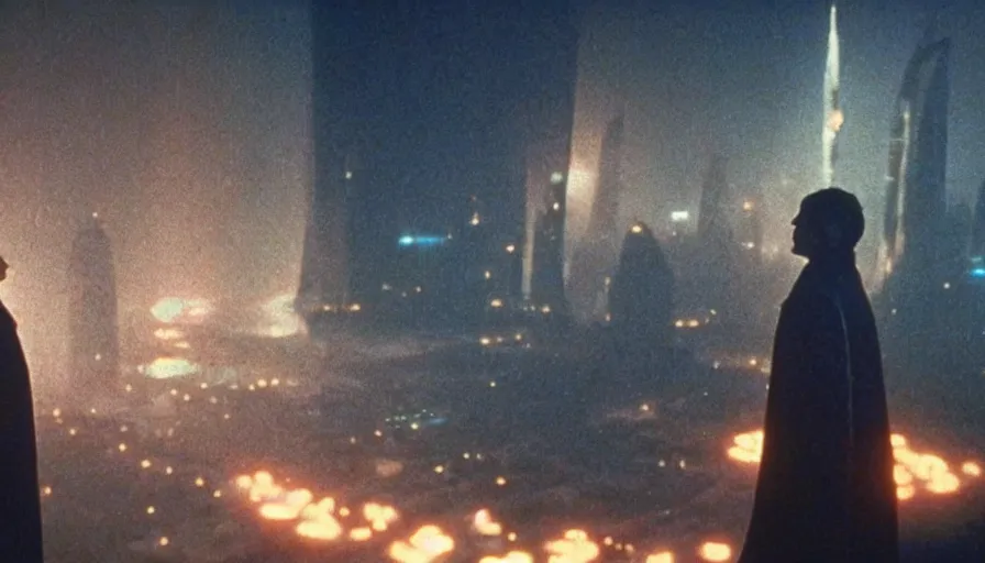 Image similar to screen shot of blade runner, astronaut priest talking to god, ambient lighting, cinematic, epic, demonic