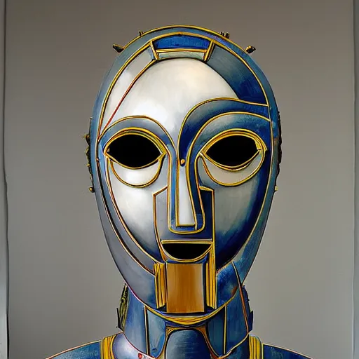 Image similar to the robot wearing her human mask, by christopher kit williams, symbolist, dramatic lighting, elaborate geometric ornament, art brut, god rays, soft cool colors, smooth, sharp focus, extremely detailed