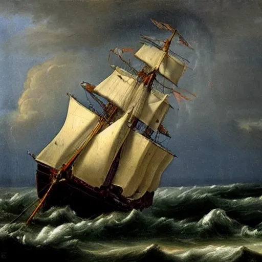 Prompt: 17th century schooner caught in a storm, atmospheric, detailed, oil painting, sturm und drang