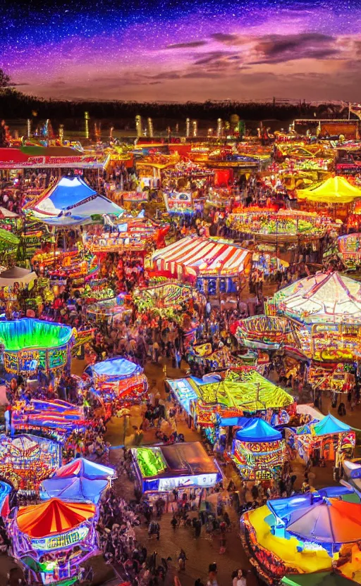 Image similar to super realistic, aesthetic, beautiful and colorful photo of a incredibly beautiful fair at a starry night