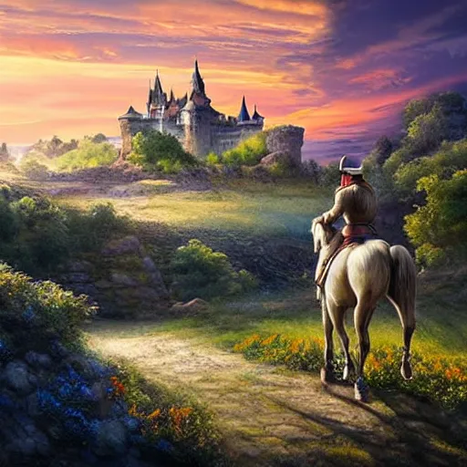 Prompt: a beautiful landscape with a castle, setting sun and a knight on horseback riding towards the viewer via a narrow winding path, epic sky, very realistic and colorful, realism, many details