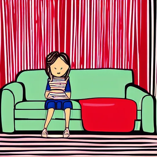 Prompt: digital matte illustration a small girl sitting on a striped chair leaning back watching tv in cyberland - 7 6 8