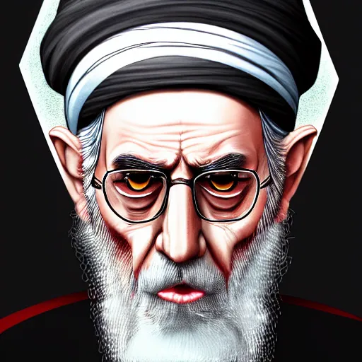 Prompt: potrait of khamenei looking like demon, miserable, horror, dark high detail, sharp high detail, artstation
