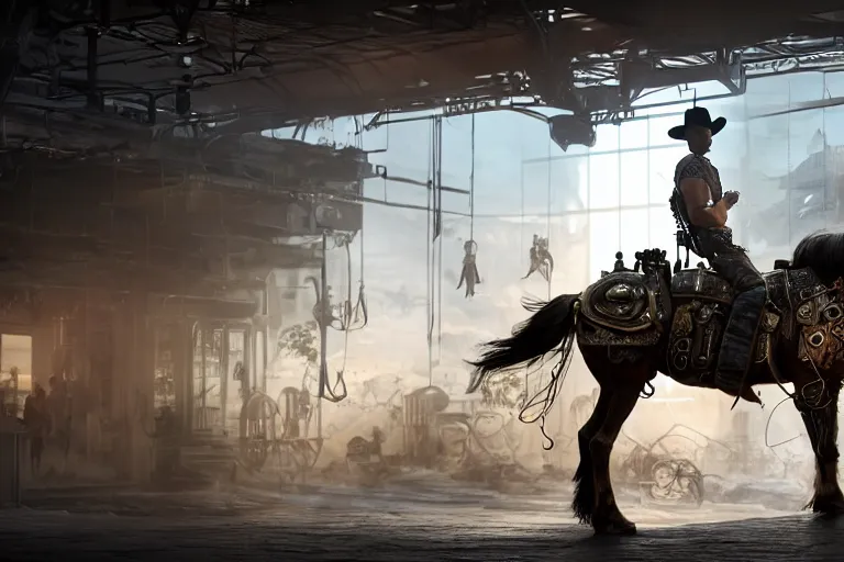 Prompt: photo from behind of a cowboy, riding a steampunk horse, on a futuristic shopping mall, cinematic lightning, ray tracing, unreal engine 5, photorealistic, 8 k, uhd, 4 k, ghost recon breakpoint game concept, extremely detailed, beautiful, elegant, intricate, foggy, in - game footage