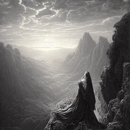 Image similar to A lonely woman looks down from a gigantic cliff, mountains, gorgeous view, lush valley, distant forest, spirals, distant city, distant glow, night, sunset, dramatic light, Chiaroscuro, long shadows, dark, masterpiece, high detail, detailed, illustration by Paul Gustave Doré