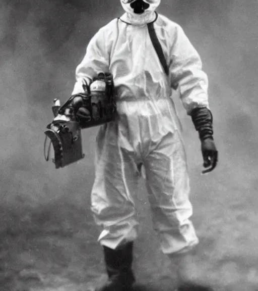 Prompt: man in a anti-radiation hazmat suit and optical gasmask, ww1 film photo, grainy, high detail, high resolution