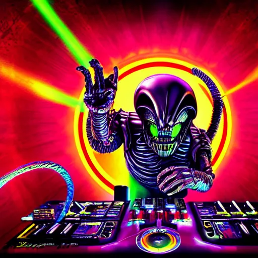 Image similar to Still film of xenomorph playing dj with tomorrowland background, digital art, intricate, 4k, colourful