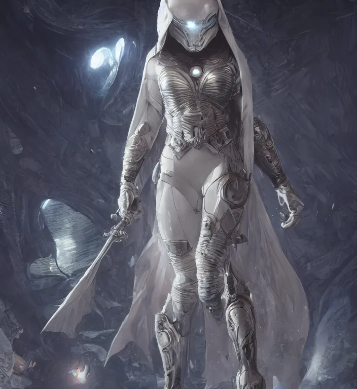 Image similar to female moon knight, hyper detailed, dynamic background, digital art, trending in artstation, cinematic lighting, studio quality, smooth render, unreal engine 5 rendered, octane rendered, art style by klimt and nixeu and ian sprigger and wlop and krenz cushart