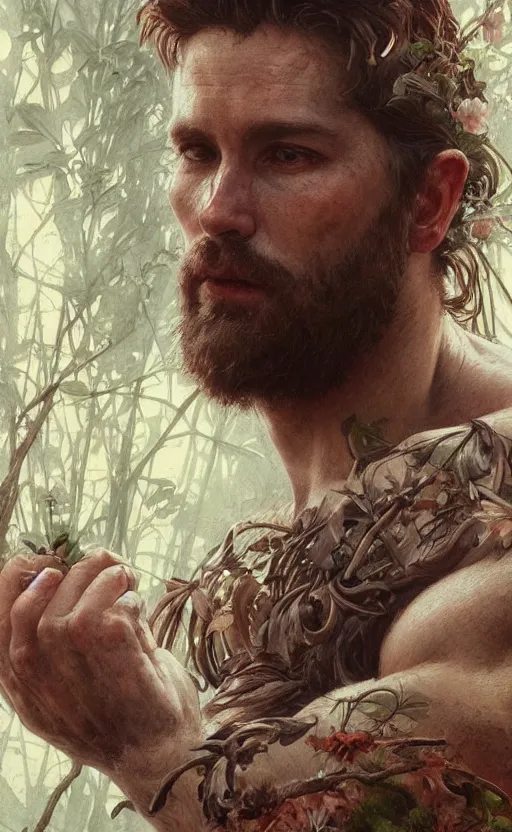 Image similar to god of the forest, 3 0 years old, rugged handsome, male, gorgeous, detailed face, clean lines, cinematic light, amazing, full body, flowers, muscular, intricate, highly detailed, digital painting, artstation, concept art, sharp focus, illustration, art by greg rutkowski and alphonse mucha