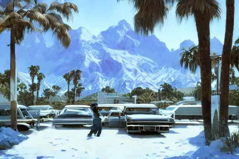 Image similar to natural american landscape | abandoned motel | palm trees | snowy mountains, painting by syd mead and weta studio and james jean, frank frazetta, highly detailed, rule of third, soft lighting, 8 k resolution, oil on canvas, architectural magazine, beautiful detailed, insanely intricate details, artstation trending, hypermaximalistic, high details, cinematic