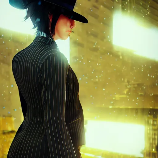 Image similar to beautiful anime woman, pinstripe suit, top hat, cyberpunk background, rendered in octane, unreal engine, raining, highly detailed, trending on artstation, realistic, neon