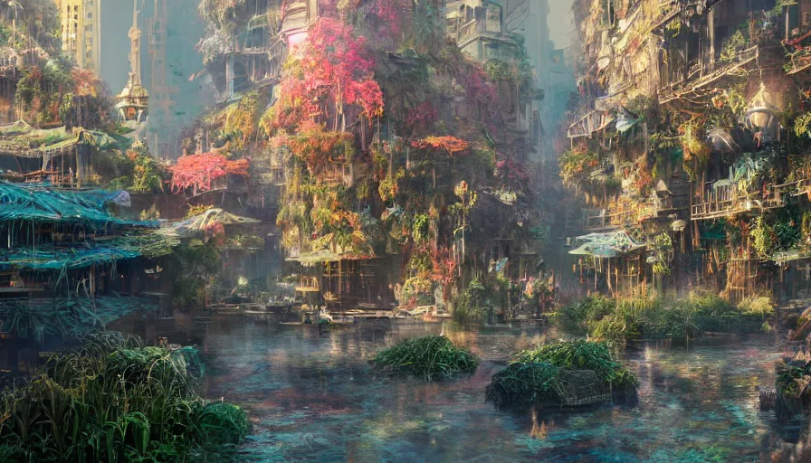 Prompt: creative nature environments for shanghai, insanely beautiful and highly detailed concept art, ultrafine highly detailed hyper colorful illustration, sharp focus, rozalski, craig mullins, federico pelat, unreal engine highly rendered, global illumination, radiant light, intricate and detailed environment, for a movie film still by terrence malick