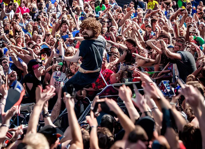 Image similar to photo still of peter dinklage at the vans warped tour!!!!!!!! at age 3 6 years old 3 6 years of age!!!!!!!! stage diving into the crowd, 8 k, 8 5 mm f 1. 8, studio lighting, rim light, right side key light