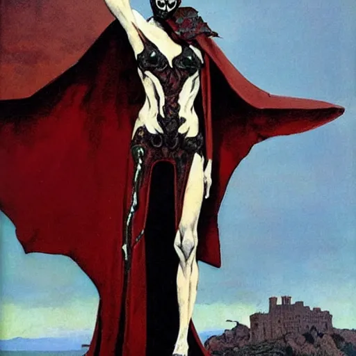 Image similar to flowing, evocative by robert mcginnis. a beautiful body art of a horned, red - eyed, skeleton - like creature, with a long black cape, & a staff with a snake wrapped around it, standing in front of a castle atop a cliff.