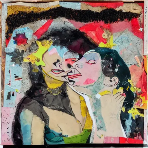 Prompt: two women kissing at a carnival in a war zone, mixed media collage, retro, paper collage, magazine collage, acrylic paint splatters, bauhaus, claymation, layered paper art, sapphic visual poetry expressing the utmost of desires by jackson pollock