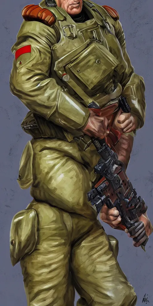 Image similar to doomguy as a soviet soldier, full body portrait, concept art, military art, art by artgerm