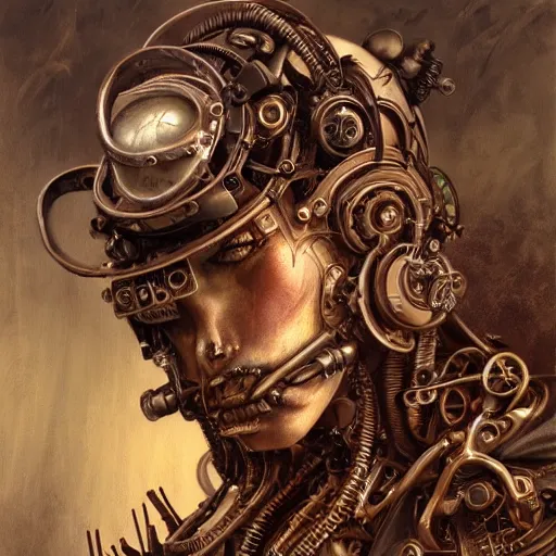 Image similar to low angle shot of a steampunk cyborg by clive barker, intricate, elegant, highly detailed, centered, digital painting, artstation, concept art, smooth, sharp focus, illustration, artgerm, Tomasz Alen Kopera, Peter Mohrbacher donato giancola, Joseph Christian Leyendecker, WLOP, Boris Vallejo.