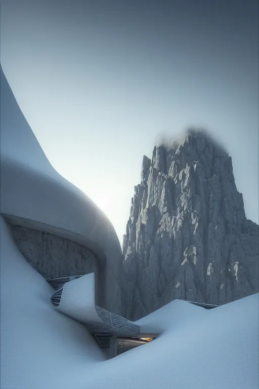 Image similar to sci - fi concrete brutalist architecture in the italian craggy dolomites, snowfall, rutkowski, zaha hadid, beksinski, oil painting, photoreal, highly detailed, 8 k, hd, vray, artstation, cinematic matte painting, extreme detail photo quality, sunset, light falling snow, featured on behance