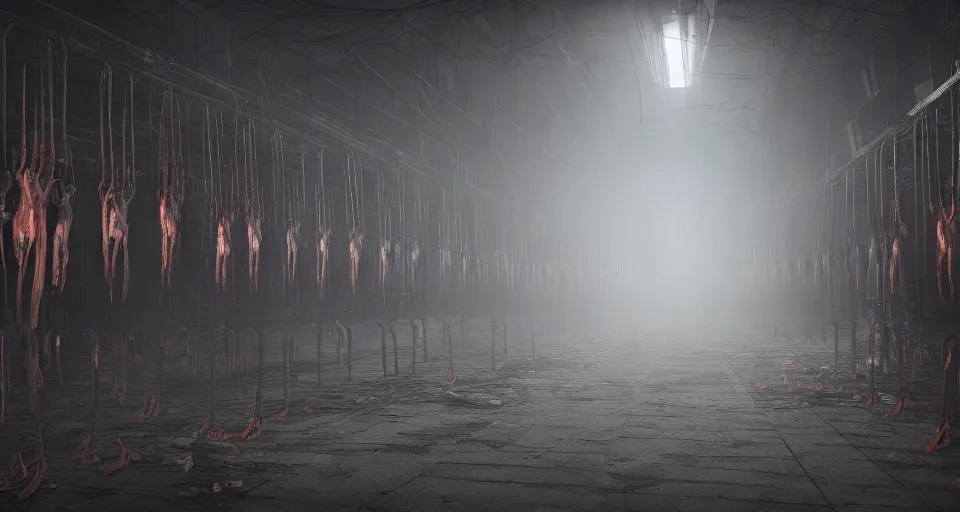 Image similar to illustration of rows of limp bodies hanging on hooks in a cold warehouse, products, rolling fog, cyberpunk, dystopian, dramatic lighting, unreal engine 5