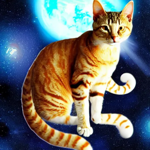 Prompt: ( very giant ) sci - fi cat!, in space ( earth in its mouth )