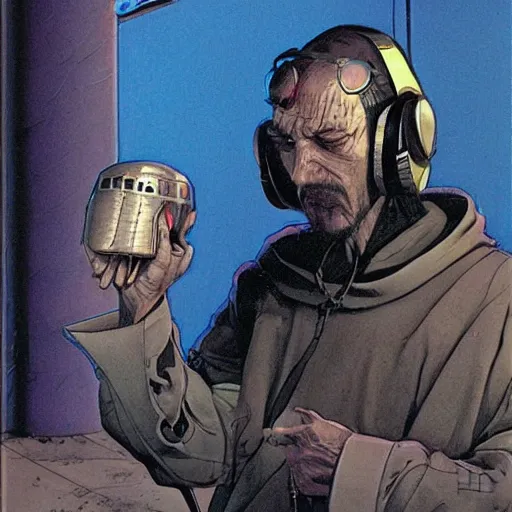 Image similar to Beggar priest with cyberpunk headset in busy spaceport on luna 5 colony. Concept art by James Gurney and Mœbius.