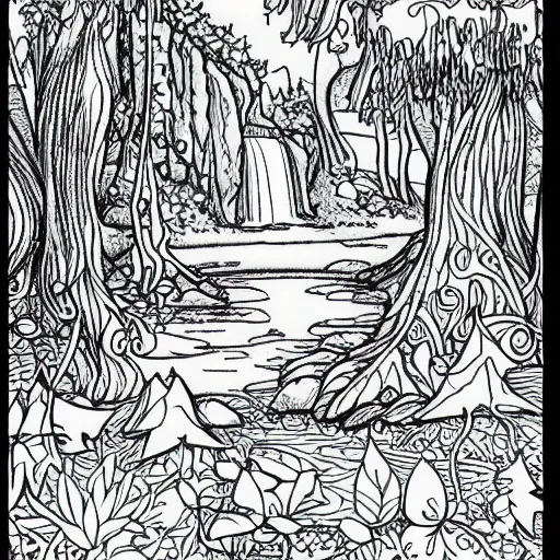 Image similar to an adult coloring page of a waterfall in the enchanted forest