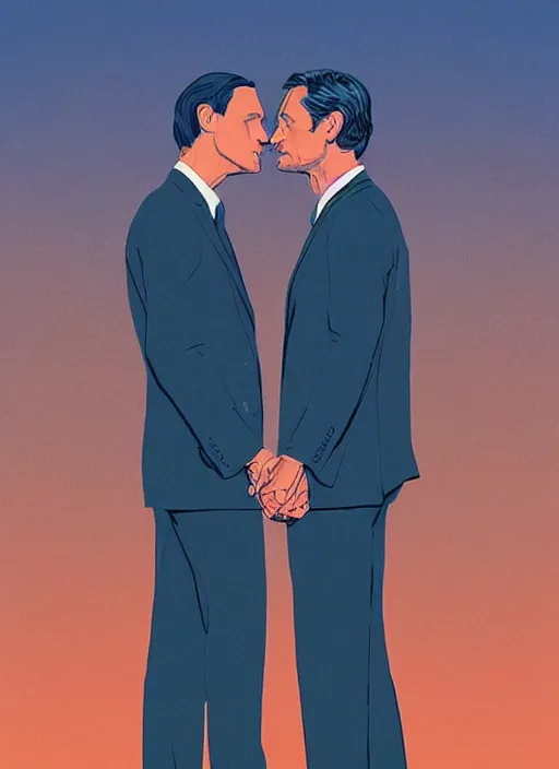 Image similar to Twin Peaks portrait of Mads Mikkelsen and Hugh Dancy holding hands romantically as they chaperone school dance by Michael Whelan, Bob Larkin and Tomer Hanuka, simple illustration, domestic, nostalgic, clean, Matte painting, trending on artstation and unreal engine, New Yorker magazine cover, 1980s romance book cover