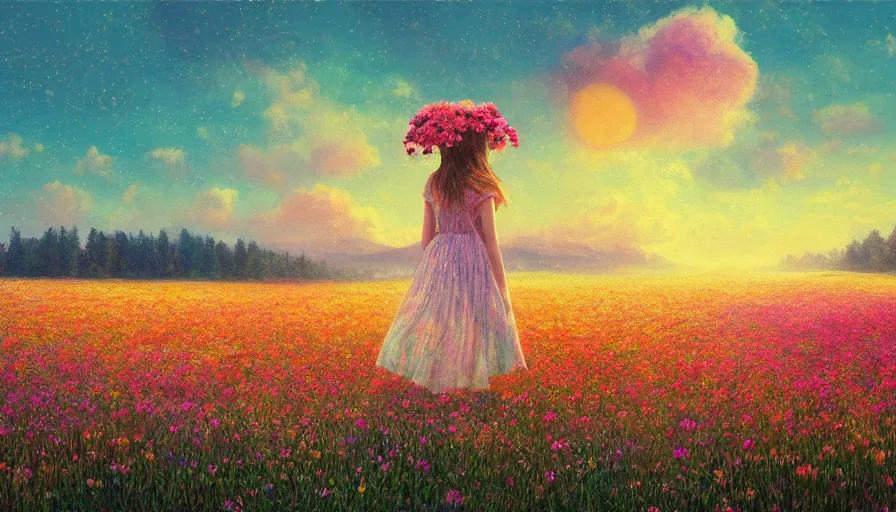 Image similar to girl with a flower face, surreal photography, dream, standing in flower field, hills, big trees, sunrise dramatic light, impressionist painting, colorful clouds, digital painting, pointillism, artstation, simon stalenhag, flower