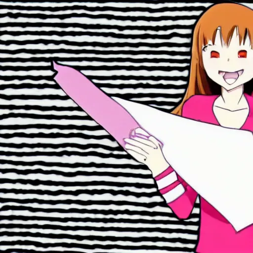 Image similar to anime drawing of a woman happy because she has a roll of toilet paper, cute, anime style