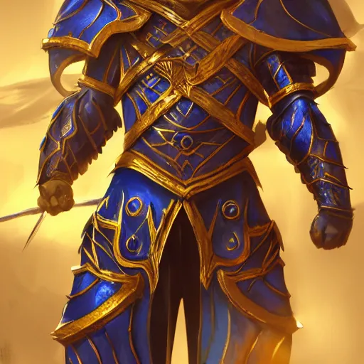 Image similar to concept art of heavy mithiril royal blue and gold elf armor warrior,dungeons and dragons armor, rpg, d&d, hyper detailed, digital art, artstation, high definition cgsociety, 8k, render, cinematic, symmetry, hyper realistic