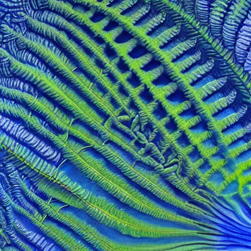 Prompt: full page, fractal, fern - like, bumpy, blue, by david normal