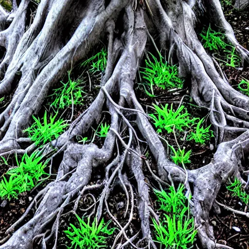 Prompt: tree roots learning to talk to fungus underneath the earth, a psychodelic experience, earthy tones