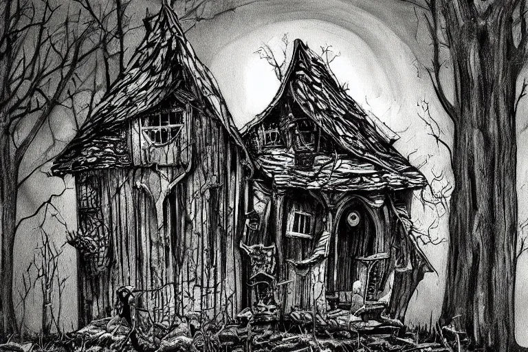 Image similar to mad horror painting of a futuristic witch house in the woods by ben templesmith