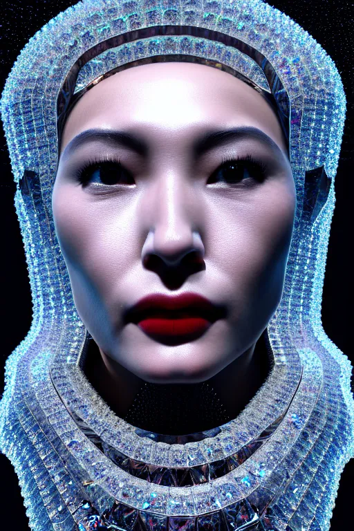 Image similar to hyperrealism, dreamland of chinese, halfturn portrait of a big crystal face made of crystals half - turn, cyberpunk, sss material, ominous, slender and densely arranged teeth, futuristic, art deco, expressive, dystopian, ominous, intricate, oc rendered, concept art, photorealistic, unreal engine render