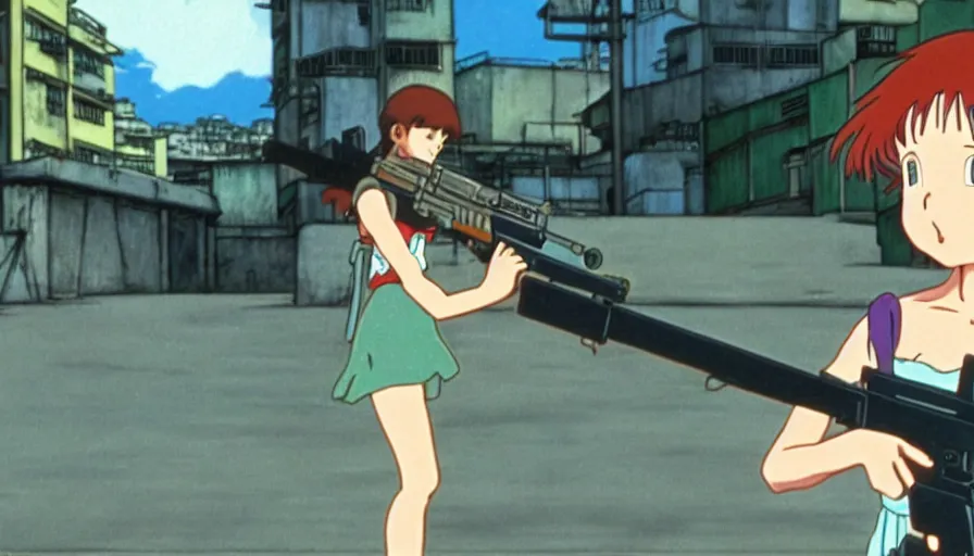 Image similar to 1 9 8 6 anime screencap of a girl with a gun on a rio de janeiro anime, by hayao miyazaki, studio ghibli, favela background extremely high quality artwork 4 k