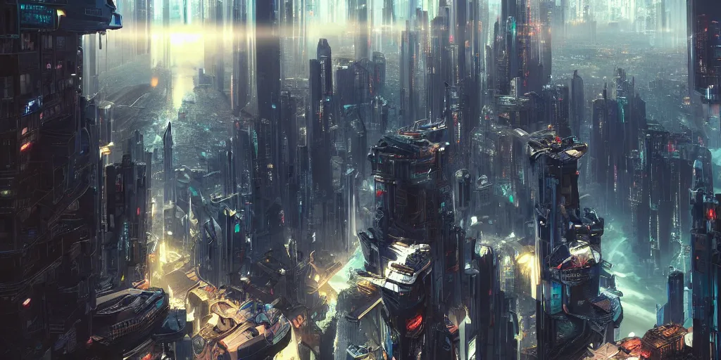 Image similar to beautiful waterfall between lush mountains late at night casting rays of light into futuristic cyberpunk city below, highly detailed, modern architecture, sharp focus, artgerm, cgsociety, desaturated by syd mead