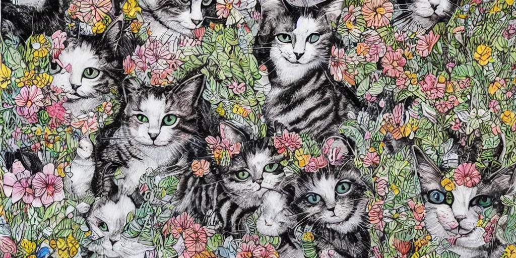 Image similar to detailed intricate ink illustration, a group of cat playing in a garden of flowers, a mix media painting by Sandra Chevrier