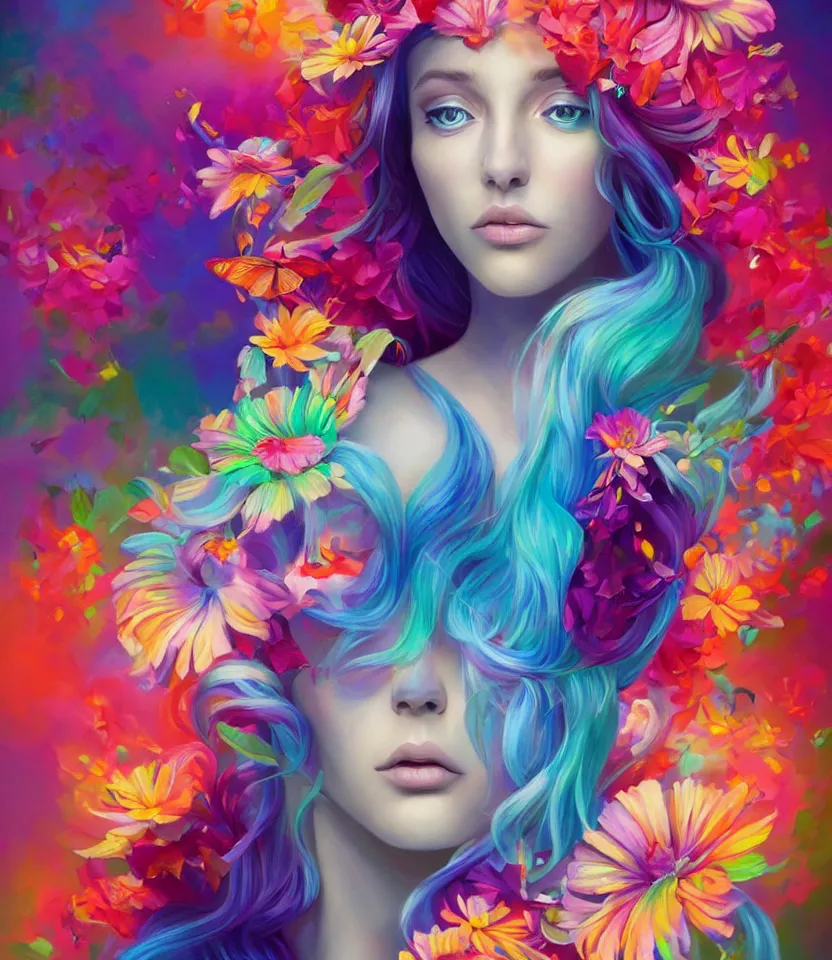 Prompt: a realistic colorful painting of a iridescent - haired woman with striking eyes, girl in flowers and butterflies, directed gaze, digital art by rhads, lisa frank, clint cearley, trending on artstation, psychedelic art, psychedelic, vibrant colors, mystical, digital illustration