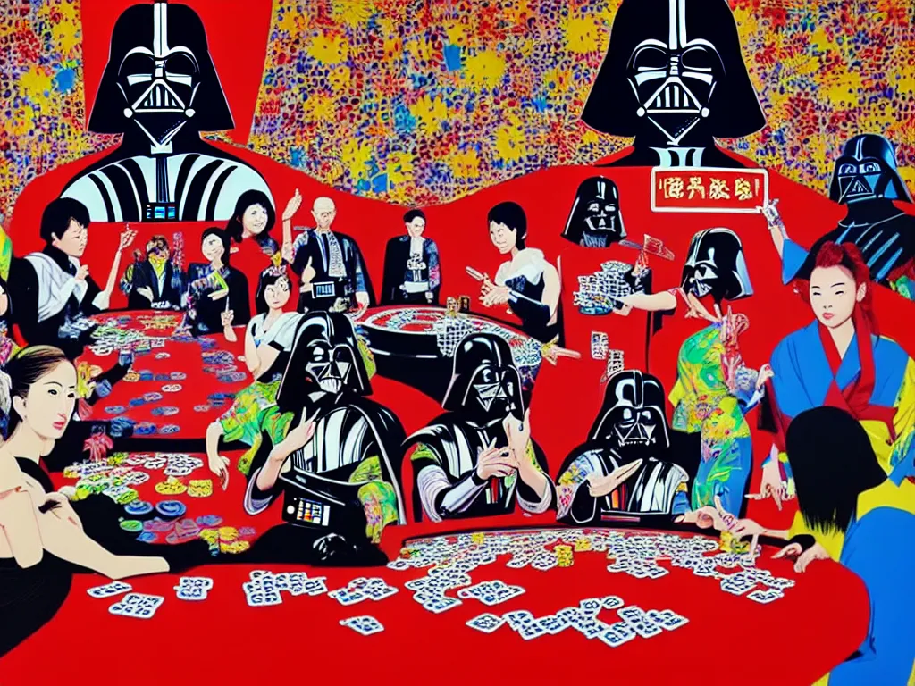 Image similar to hyper - realistic composition of a large room with an extremely detailed poker table in the center, woman in traditional japanese kimono standing nearby, darth vader sitting at the table, fireworks in the background, pop art style, jackie tsai style, andy warhol style, acrylic on canvas, dull palette