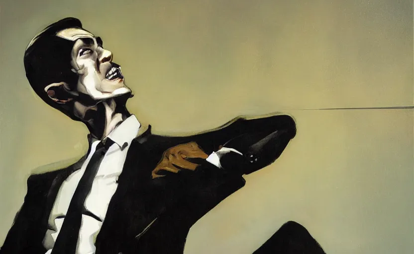 Image similar to a thin man wearing a suit screams and jumps over a telephone in a dark, 1980s living room, painted by phil hale, highly detailed