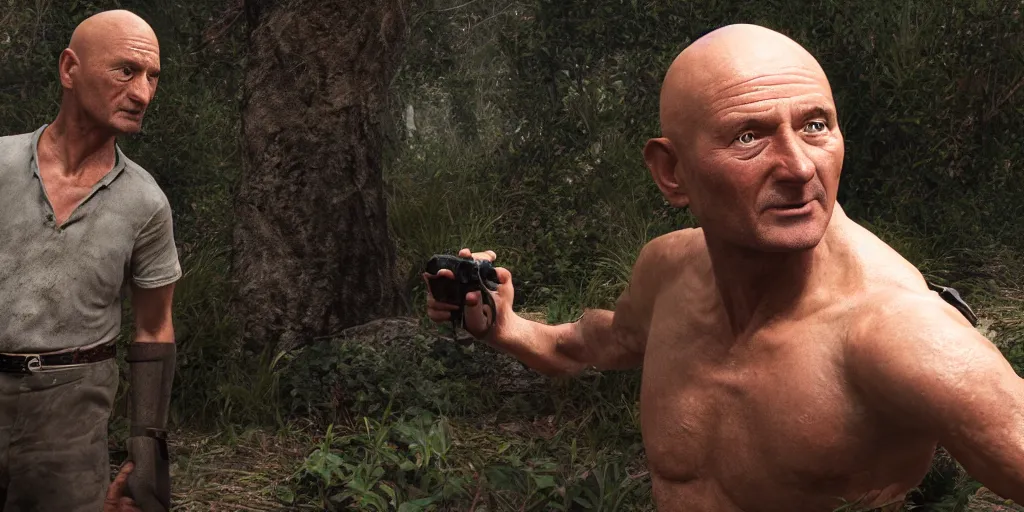 Image similar to john locke finding a new hatch in lost, face enhance, insandely detailed, photo realistic, cinematic lighting, trending on artstation, 4k, hyperrealistic, focused, extreme details, unreal engine 5, cinematic, masterpiece