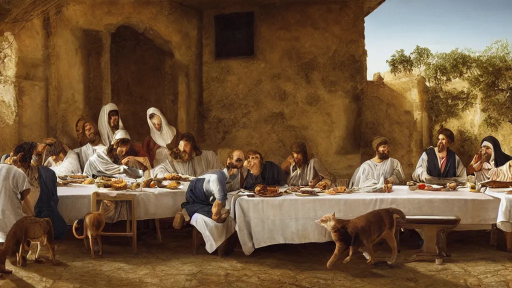 Prompt: the scene of the last supper, man dressed in suits, with cat heads, under the porch of a typical portuguese house, with typical alentejo landscape in the back, sunny morning, matte painting, oil canvas, photorealistic illustration, extreme detail, hyper realistic, highly detailed, digital art