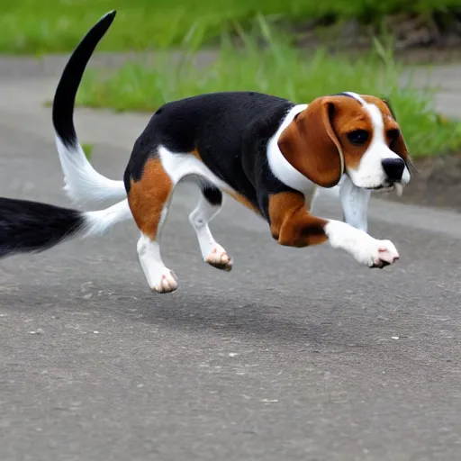 Prompt: a beagle chasing s mackerel cat