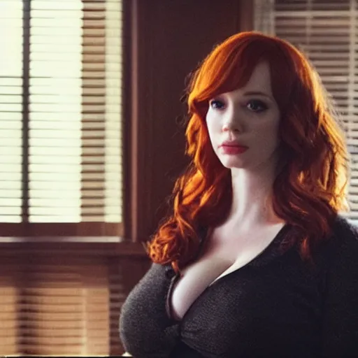 Image similar to a very surprised looking beautiful Christina Hendricks r in the living room, film still from the movie directed by Denis Villeneuve , wide lens