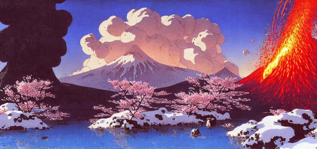 Prompt: ghibli illustrated background of a volcano erupting lava in a strikingly beautiful snowy landform with strange rock formations and red water, and cherry blossoms by vasily polenov, eugene von guerard, ivan shishkin, albert edelfelt, john singer sargent, albert bierstadt 4 k