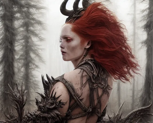 Image similar to 5 5 mm portrait photo of an armored gorgeous anesthetic redhead woman warrior with a face tattoo and horns growing from her head and a gargoyle sitting on her shoulder, in a magical forest in the style of luis royo. art by greg rutkowski. highly detailed 8 k. intricate. lifelike. soft light. nikon d 8 5 0.