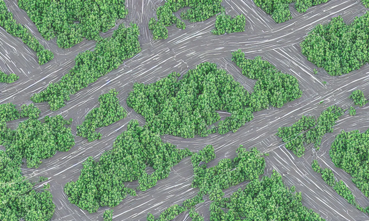 Prompt: cubes on the roads of forested blobs interconnected by high speed rails, digital art, 3 d, illustration